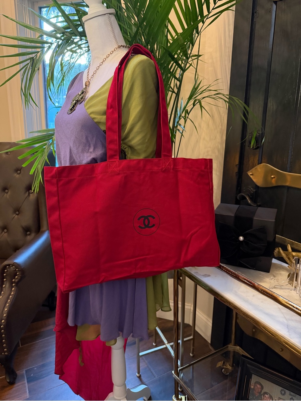 Authentic CHANEL VIP Extra Large Red Canvas Tote Overnight Travel Beach Bag NEW
